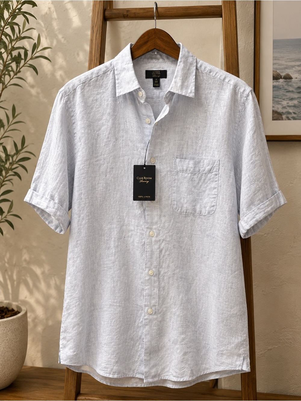 Club Room Light Blue Short-Sleeve Linen Button-Down Shirt